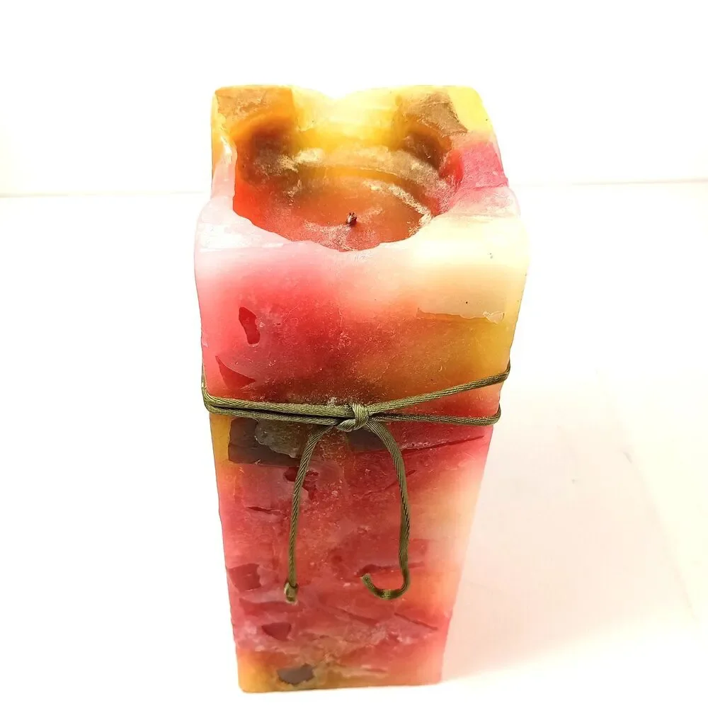 Vintage Chunk Pillar Candle Square Mosaic Wax Red Yellow Cream Rustic Decor